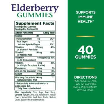 Nature's Bounty Elderberry Gummies, Immune Support, Contains Vitamin A, C, D, E and Zinc, 40 Gummies