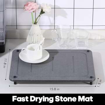Koorabbee Quick Drying Stone Mat for Kitchen Counter, Diatomaceous Earth Stone Dish Drying Mats, Super Absorbent Non-Slip Drying Matt Kitchen Counter with Stainless Steel Feet, 15.7"×11.8", Dark Grey.