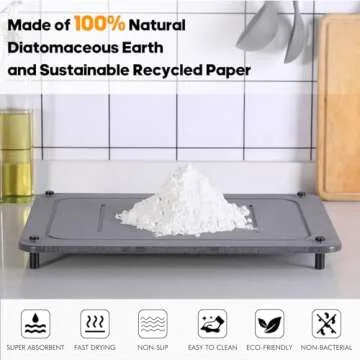 Koorabbee Quick Drying Stone Mat for Kitchen Counter, Diatomaceous Earth Stone Dish Drying Mats, Super Absorbent Non-Slip Drying Matt Kitchen Counter with Stainless Steel Feet, 15.7"×11.8", Dark Grey.