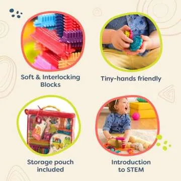 B. toys- Bristle Block Stackadoos - Building Blocks for Kids – Developmenal Toy-68 Blocks in a Storage Pouch – STEM Toys – Soft & Interlocking – Bristle Block Stackadoos – 2 years +