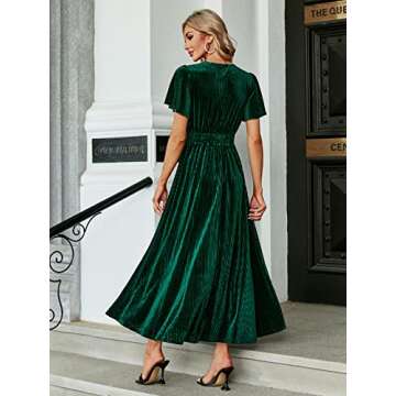 Simplee Women’s Short Sleeve Velvet Maxi Dress V Neck Formal Dress(M Green)