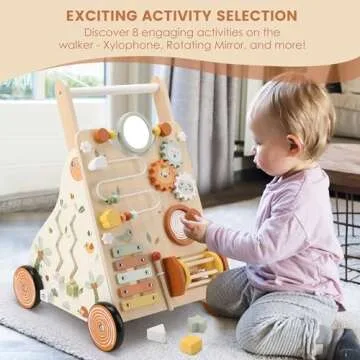Pithfor Wooden Baby Walker, Baby Push Walker with Activity Center for Girls Boys, Push Walker Toys for Babies Learning to Walk, Sit-to-Stand, for 10-12 Months 1 2 3 Years Old