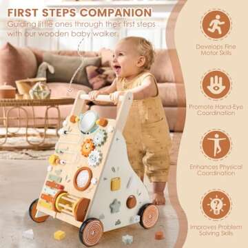 Pithfor Wooden Baby Walker, Baby Push Walker with Activity Center for Girls Boys, Push Walker Toys for Babies Learning to Walk, Sit-to-Stand, for 10-12 Months 1 2 3 Years Old