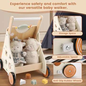 Pithfor Wooden Baby Walker, Baby Push Walker with Activity Center for Girls Boys, Push Walker Toys for Babies Learning to Walk, Sit-to-Stand, for 10-12 Months 1 2 3 Years Old