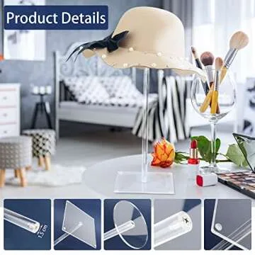 RSSCIIIUL Acrylic Hat Stand and Wig Display Rack, 2pcs 17" Clear Hat Stands for Display, Adjustable Height Hat Holder, Square Barbell Base Display, Hat Rack Stand for Display Jewelry Watch Helmets