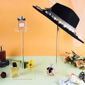 RSSCIIIUL Acrylic Hat Stand and Wig Display Rack, 2pcs 17" Clear Hat Stands for Display, Adjustable Height Hat Holder, Square Barbell Base Display, Hat Rack Stand for Display Jewelry Watch Helmets