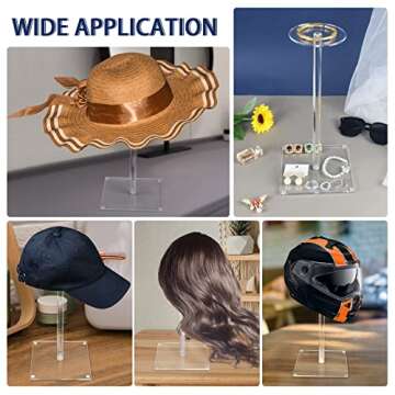 RSSCIIIUL Acrylic Hat Stand and Wig Display Rack, 2pcs 17" Clear Hat Stands for Display, Adjustable Height Hat Holder, Square Barbell Base Display, Hat Rack Stand for Display Jewelry Watch Helmets