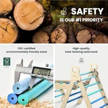 BlueWood Pikler Triangle Set, 7-in-1 Foldable Wooden Toddler Climbing Toys Indoor Playground Jungle Gym Montessori Philosophy Climber for 2-6 Years Old, Baby, Kids (Sky Blue)