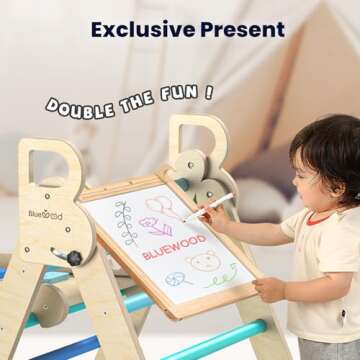 BlueWood Pikler Triangle Set, 7-in-1 Foldable Wooden Toddler Climbing Toys Indoor Playground Jungle Gym Montessori Philosophy Climber for 2-6 Years Old, Baby, Kids (Sky Blue)