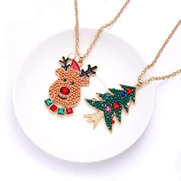 YAHPERN Christmas Necklaces Xmas Tree Snowflake Reindeer Bell Pendant Necklace for Women Holiday Long Necklace Set Jewelry Gifts (3PCS Xmas Necklace)