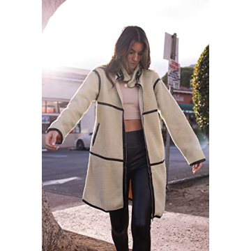 PRETTYGARDEN Women's Full Zip Fleece Jacket Long Sleeve Lapel Warm Winter Sherpa Coat With Pockets (Beige Apricot,X-Large)