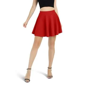 Women's Basic Versatile Stretchy Flared Casual Mini Skater Skirt (Large, Red)