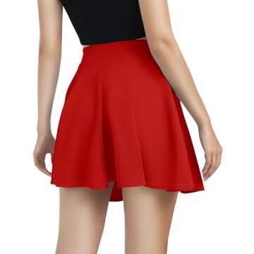 Women's Basic Versatile Stretchy Flared Casual Mini Skater Skirt (Large, Red)