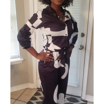 Tbahhir Women's Elegant Color Block Jumpsuits Long Sleeve Wide Leg Long Pants Romper Overalls Black