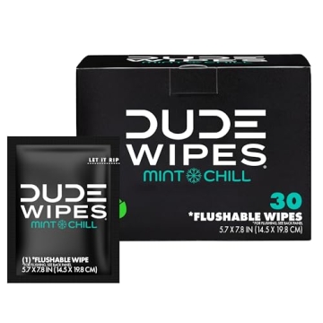 DUDE Wipes - On-The-Go Flushable Wipes - 1 Pack, 30 Wipes - Mint Chill Extra-Large Individually Wrap...