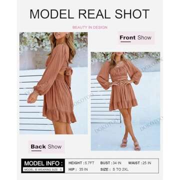 Dokotoo Women Dresses Square Neck Ruffle Flowy Dress Tie Back Puff Long Sleeve Dress Elastic Waist A...