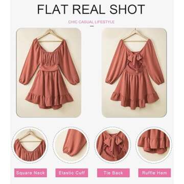 Dokotoo Women Dresses Square Neck Ruffle Flowy Dress Tie Back Puff Long Sleeve Dress Elastic Waist A-Line Summer Dress Casual Plus Size Dress Mini Dress Brown X-Large