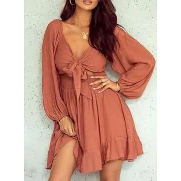 Dokotoo Women Dresses Square Neck Ruffle Flowy Dress Tie Back Puff Long Sleeve Dress Elastic Waist A-Line Summer Dress Casual Plus Size Dress Mini Dress Brown X-Large