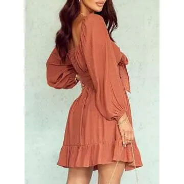 Dokotoo Women Dresses Square Neck Ruffle Flowy Dress Tie Back Puff Long Sleeve Dress Elastic Waist A-Line Summer Dress Casual Plus Size Dress Mini Dress Brown X-Large