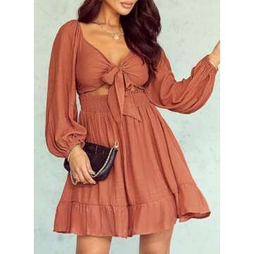Dokotoo Women Dresses Square Neck Ruffle Flowy Dress Tie Back Puff Long Sleeve Dress Elastic Waist A-Line Summer Dress Casual Plus Size Dress Mini Dress Brown X-Large