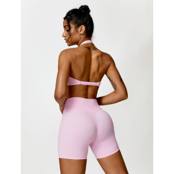 ABOCIW Women's Halter Neck Gym Set Pink Medium Workout Outfit