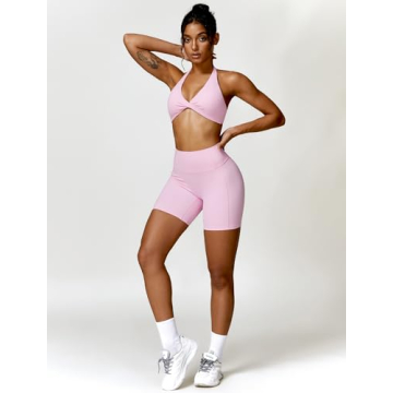 ABOCIW Women's Halter Neck Gym Set Pink Medium Workout Outfit