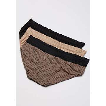 Warner's Women's Blissful Benefits No Muffin 3 Pack Hipster Panties, Black/Toasted Almond/lace dot P...