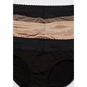 Warner's Women's Blissful Benefits No Muffin 3 Pack Hipster Panties, Black/Toasted Almond/lace dot Print, S