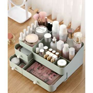MIUOPUR Makeup Organizer for Vanity, Large Capacity Desk Organizer with Drawers for Cosmetics, Lipsticks, Jewelry, Nail Care, Skincare, Ideal for Bedroom and Bathroom Countertops - Large Green