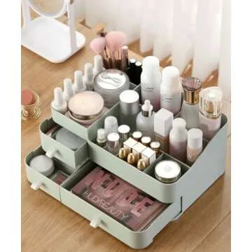 MIUOPUR Makeup Organizer for Vanity, Large Capacity Desk Organizer with Drawers for Cosmetics, Lipsticks, Jewelry, Nail Care, Skincare, Ideal for Bedroom and Bathroom Countertops - Large Green