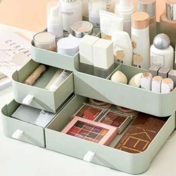 MIUOPUR Makeup Organizer for Vanity, Large Capacity Desk Organizer with Drawers for Cosmetics, Lipsticks, Jewelry, Nail Care, Skincare, Ideal for Bedroom and Bathroom Countertops - Large Green