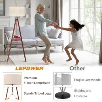 LEPOWER Tripod Floor Lamp, Mid Century Wood Standing Lamp, Modern Design Shelf Floor Lamp for Living Room, Bedroom, Office, Flaxen Lamp Shade with E26 Lamp Base Brown