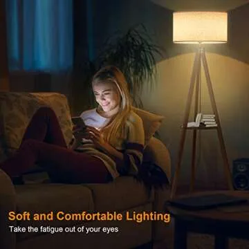 LEPOWER Tripod Floor Lamp, Mid Century Wood Standing Lamp, Modern Design Shelf Floor Lamp for Living Room, Bedroom, Office, Flaxen Lamp Shade with E26 Lamp Base Brown