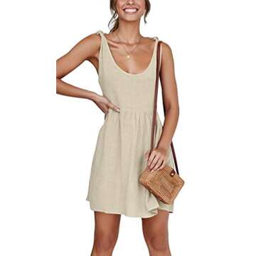 CNJFJ Women's Summer Shoulder Tie Strap Babydoll Dress Casual Scoop Neck A-Line Skater Swing Mini Su...