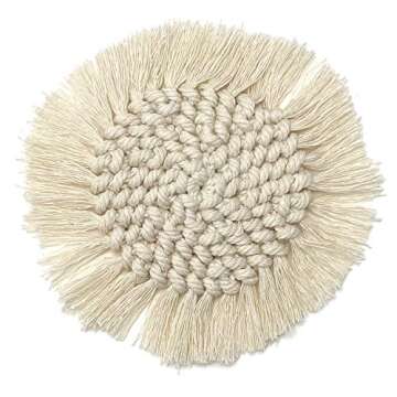 Mokoboho Set of 2 Macrame Handmade Cotton Coasters- Elegant and Absorbent 7-inch Round Woven Boho Coaster Set with Fringe Tassels for Drinks and Mugs, Spiral Weave (Natural, 2)