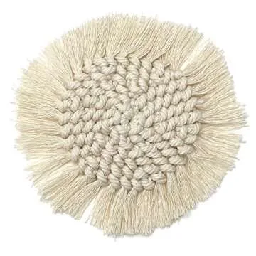 Mokoboho Set of 2 Macrame Handmade Cotton Coasters- Elegant and Absorbent 7-inch Round Woven Boho Coaster Set with Fringe Tassels for Drinks and Mugs, Spiral Weave (Natural, 2)