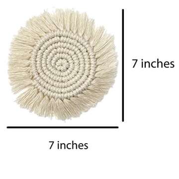 Mokoboho Set of 2 Macrame Handmade Cotton Coasters- Elegant and Absorbent 7-inch Round Woven Boho Coaster Set with Fringe Tassels for Drinks and Mugs, Spiral Weave (Natural, 2)