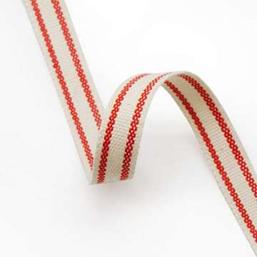 Ivory Cotton Red Stripes Ribbon 3/8" for Crafting & Gifts