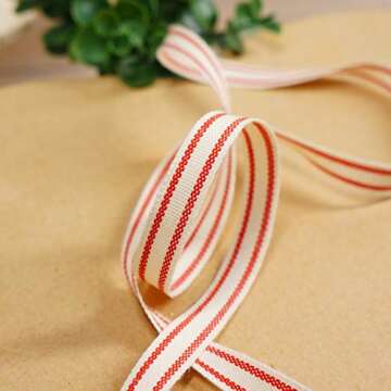 Ivory Cotton Red Stripes Ribbon 3/8" for Crafting & Gifts