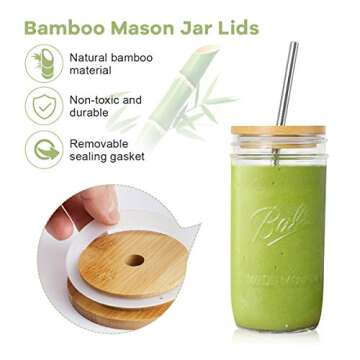 AIEVE Mason Jar Lids with Straw Hole, 3 Pack Bamboo Mason Jar Lids Mason Jar Tops Stainless Steel Straws and Cleaning Brush for Wide Mouth Mason Jars Mason Jar Cups (Jar Not Included)