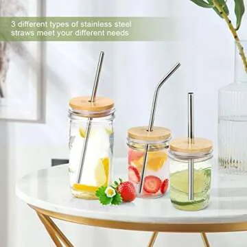 AIEVE Mason Jar Lids with Straw Hole, 3 Pack Bamboo Mason Jar Lids Mason Jar Tops Stainless Steel Straws and Cleaning Brush for Wide Mouth Mason Jars Mason Jar Cups (Jar Not Included)