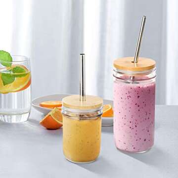 AIEVE Mason Jar Lids with Straw Hole, 3 Pack Bamboo Mason Jar Lids Mason Jar Tops Stainless Steel Straws and Cleaning Brush for Wide Mouth Mason Jars Mason Jar Cups (Jar Not Included)