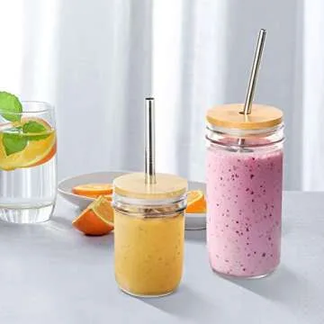AIEVE Mason Jar Lids with Straw Hole, 3 Pack Bamboo Mason Jar Lids Mason Jar Tops Stainless Steel Straws and Cleaning Brush for Wide Mouth Mason Jars Mason Jar Cups (Jar Not Included)
