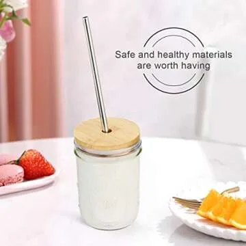 AIEVE Mason Jar Lids with Straw Hole, 3 Pack Bamboo Mason Jar Lids Mason Jar Tops Stainless Steel Straws and Cleaning Brush for Wide Mouth Mason Jars Mason Jar Cups (Jar Not Included)