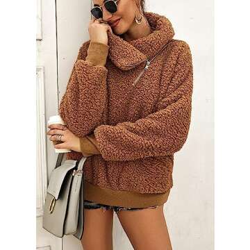 KIRUNDO Women's 2025 Winter Lapel Fuzzy Fleece Sweatshirt Faux Shearling Zipper Warm Sherpa Pullover Outwear With Pockets(Small, Khaki)