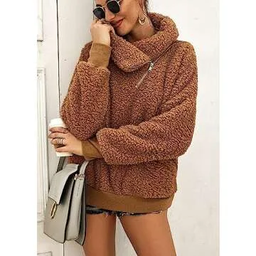 KIRUNDO Women's 2025 Winter Lapel Fuzzy Fleece Sweatshirt Faux Shearling Zipper Warm Sherpa Pullover Outwear With Pockets(Small, Khaki)