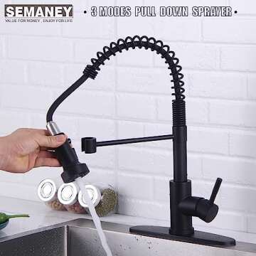 SEMANEY Kitchen Faucets,1.8 GPM Black Stainless Steel Single Handle Sink Faucets with Pull Out Sprayer, Pull Down Kitchen Faucet with 10'' Deck Plate to Cover 1 or 3 Holes