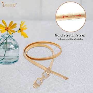 JASGOOD Skinny Metal Waist Belt for Dress Fashion Gold Waistband Elastic Metal Chain Belt, A-Gold