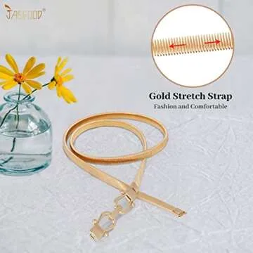 JASGOOD Skinny Metal Waist Belt for Dress Fashion Gold Waistband Elastic Metal Chain Belt, A-Gold