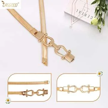 JASGOOD Skinny Metal Waist Belt for Dress Fashion Gold Waistband Elastic Metal Chain Belt, A-Gold